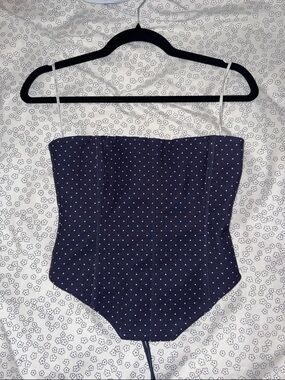 White Fox Boutique Navy Blue Polka Dot Strapless Corset Top